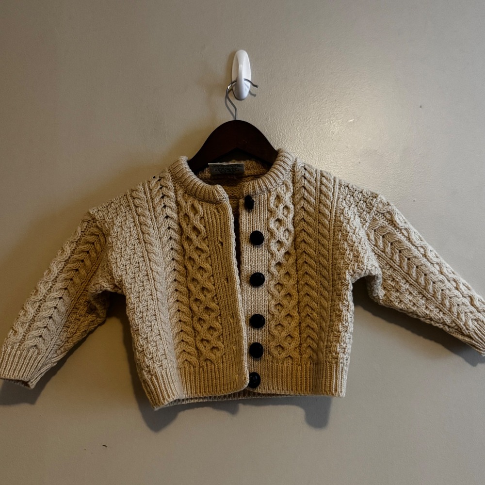 Carraig Donn Kids Sz S Cream Cable Knit Cardigan 100% Pure New Wool Fisherman